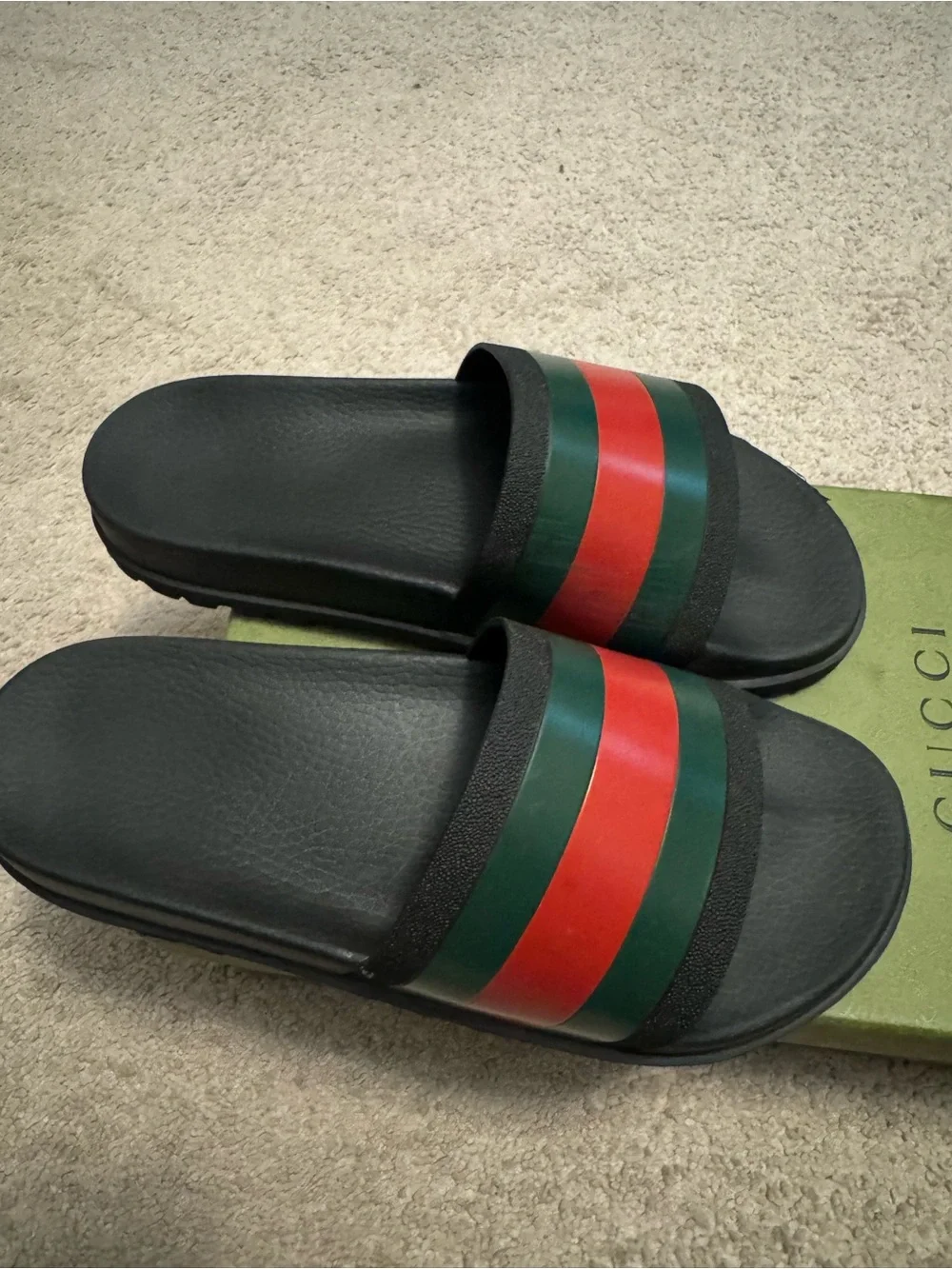 Gucci Black Slides with Green and Red Web Stripe